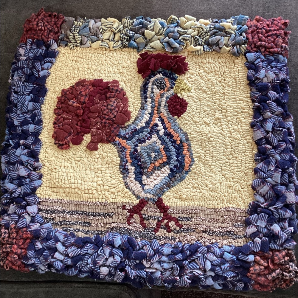 Wool rug hook art piece, chicken